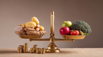 Food Cost Balance: Kitchen Scale Weighing Vegetables Against Coins