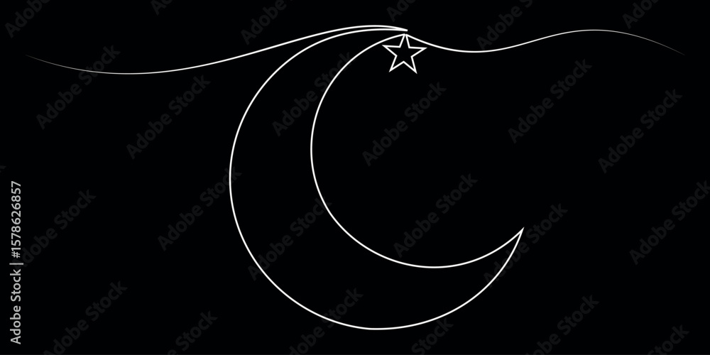 Fototapete moon with star single line art, continuous one line drawing of isolated outline vector art, continuo