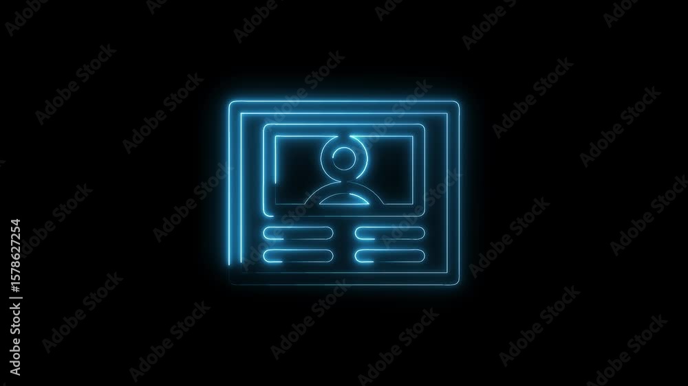 Poster neon id card animation shining brightly on dark background with person icon and data lines