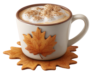 Creamy autumn latte in ceramic mug with leaf motif, topped with frothy milk and cinnamon, sits on maple leaf shaped coaster, evoking cozy seasonal warmth and comfort