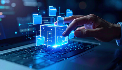 Data Management Digital Hand Guiding Information Flow on Laptop, Ensuring Smooth Data Transfer and Secure Storage, Representing Modern Technology
