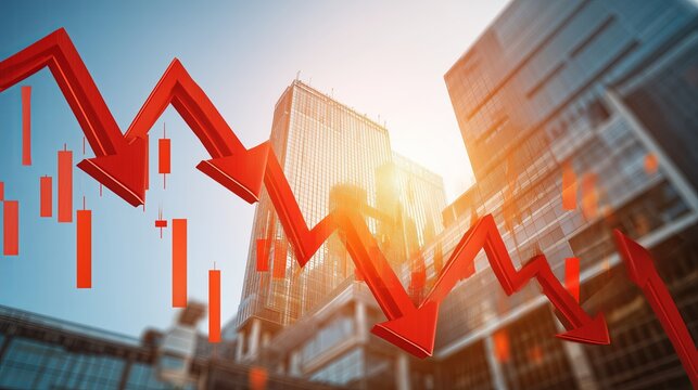 Market Downturn: City Skyline with Declining Red Stock Graph