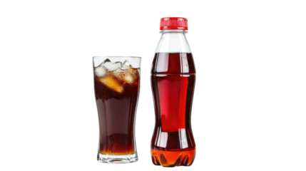 Refreshing fizzy beverage served in a tall glass with ice and a plastic bottle cutout png