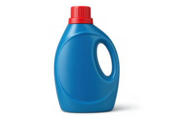 Blue plastic detergent bottle with red cap isolated on transparent background, perfect for showcasing cleaning products
