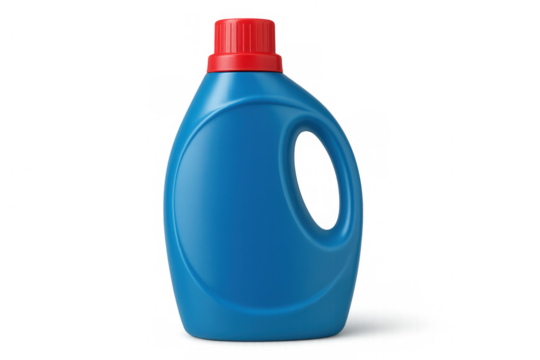 Blue plastic detergent bottle with red cap isolated on transparent background, perfect for showcasing cleaning products