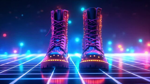 Lit up combat boot with dotted lights, neon backdrop, and flames
