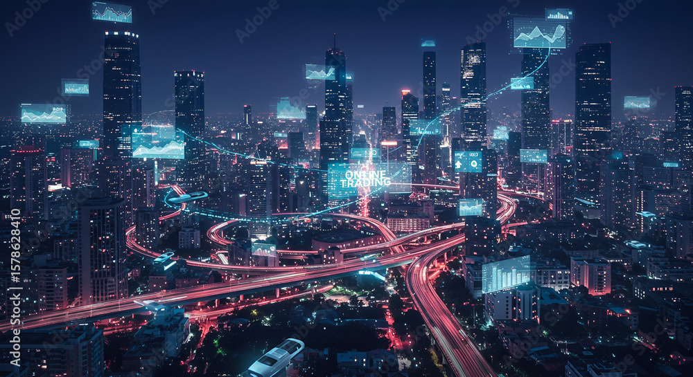 Poster cityscape illuminated with digital interfaces showing analytics and trading data against a dark blue