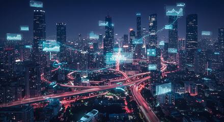 Cityscape illuminated with digital interfaces showing analytics and trading data against a dark blue nighttime sky