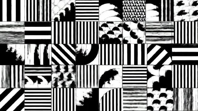Abstract black and white geometric grid with animated shifting tiles and rhythmic pattern transformations