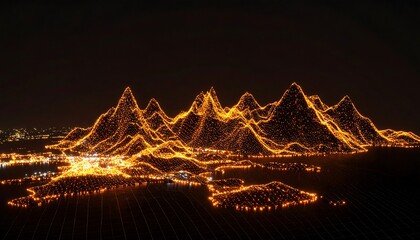 Night landscape, glowing mountains, digital city
