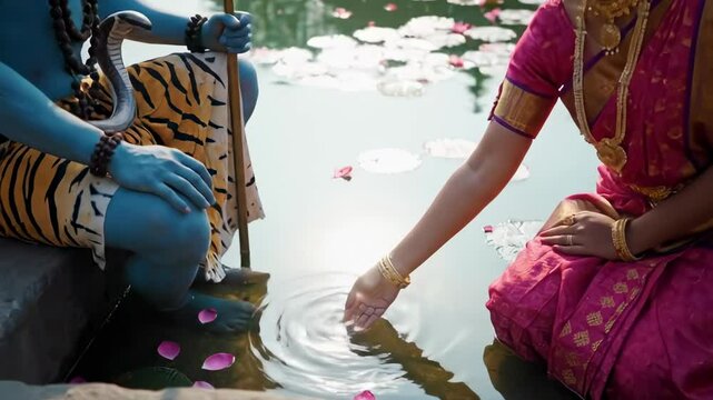 shiv parvati - A serene scene depicting a woman in traditional attire offering prayers at a tranquil water body, with a statue of a deity surrounded by blooming lotus flowers