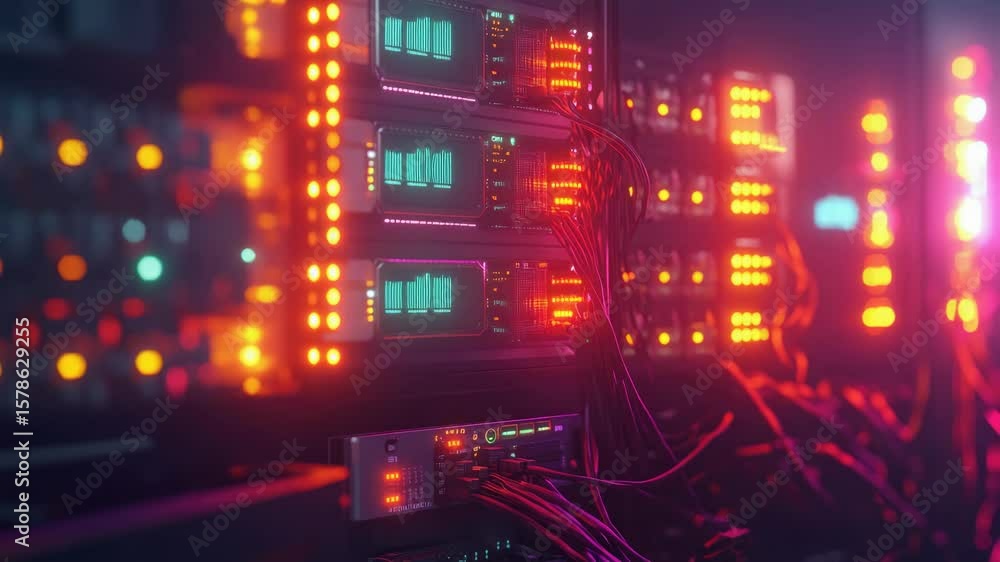 Poster servers with glowing lights and wires connecting components.