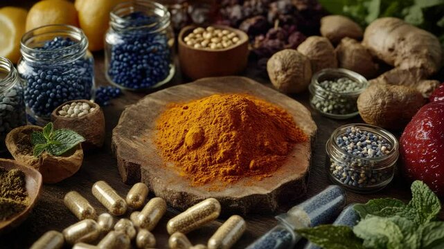 Close-up of various spices and herbs on a wooden table, with focus on natural colors and textures.