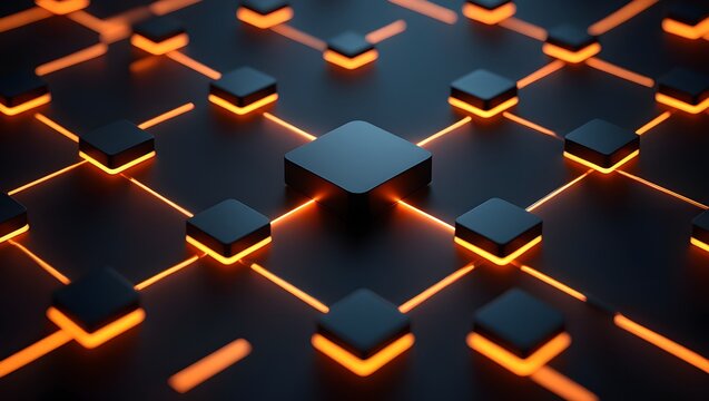 Modern blockchain network technology concept with glowing connections and black cubes