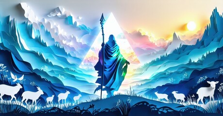 Majestic figure stands amid mountains, wildlife. Papercut style evokes serenity, light shines brightly. Peaceful scene, fantasy landscape.