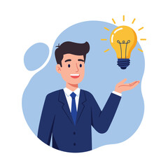 Young man showing big glowing idea bulb