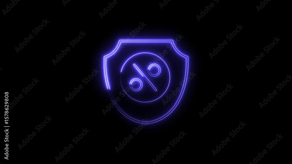 Poster neon style protected discount symbol glowing on dark background animation for ecommerce
