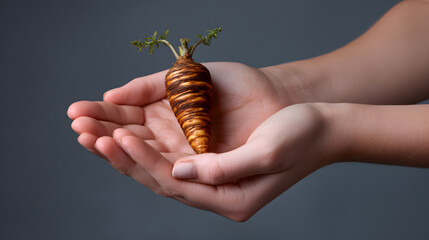 Naklejka premium Hands holding a single fresh heirloom carrot with unique stripes.