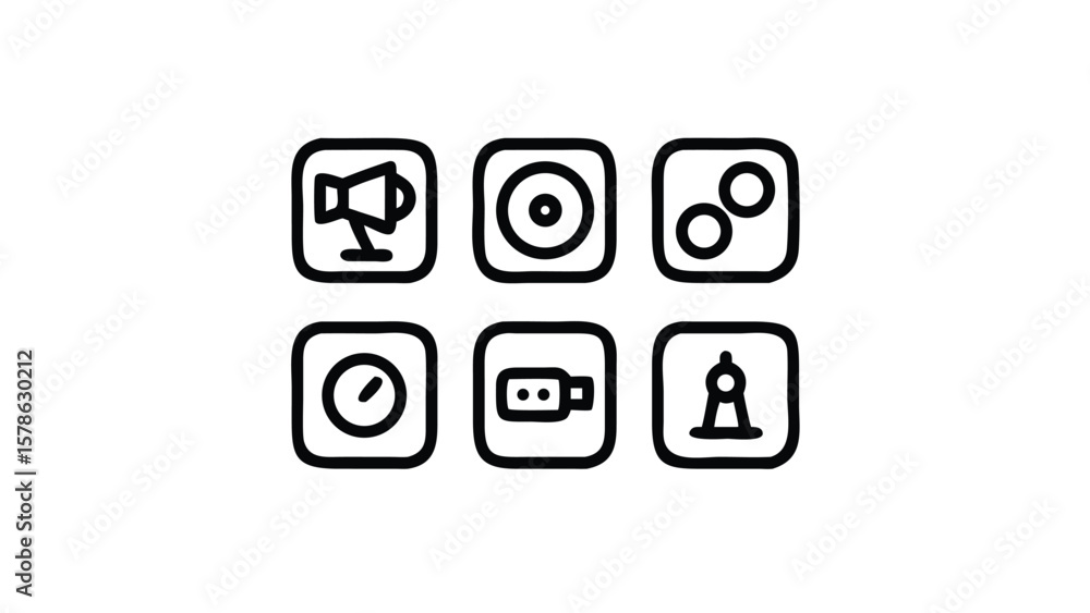 Poster set of hand drawn icons representing different functions and tools in black and white