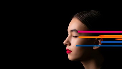Obraz premium Portrait of woman with colorful graphic lines beauty concept fashion model on black background