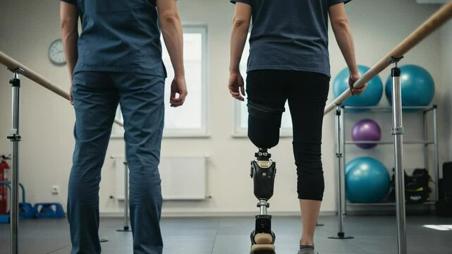 A woman with a prosthetic leg practices walking between parallel bars during a physical therapy session. A male physiotherapist stands beside her for support in a rehabilitation clinic.