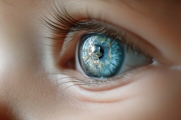 Naklejka premium Close-up of a child's eye showing vibrant colors and reflections from surroundings