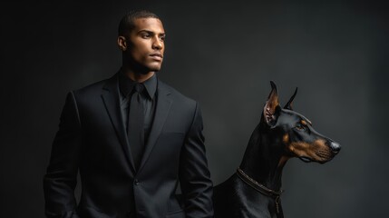 Stylish African American man in black suit standing beside a Doberman against a dark background, symbolizing authority, elegance, and loyalty.