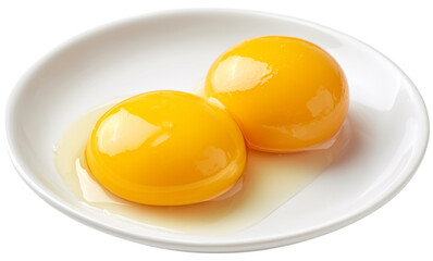 Two vibrant yellow egg yolks sit in a white bowl with clear egg whites, isolated on transparent background. PNG, cutout.
