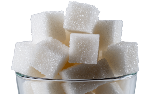 A clear glass bowl filled with white sugar cubes isolated on transparent background. PNG, cutout. 
