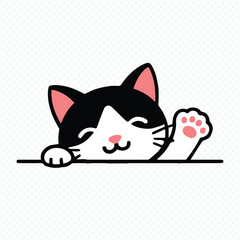 kawaii cat illustration, black and white kitten with pink ears and paw, vector art for stock