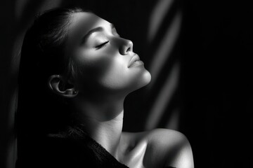 Moody black and white portrait of a woman with closed eyes and soft facial features