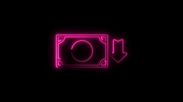 Neon pink money bill with downward arrow on black background financial loss concept