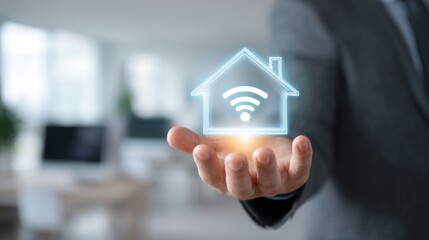 Man presents a smart home automation concept with a glowing digital house and wifi signal, showcasing future technology