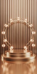 Luxury golden stage podium with glowing spotlight, empty round platform for premium product display against metallic gold background