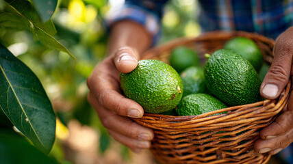 AI generation. close-up of farmer picking ripe avocados from tall tree with basket