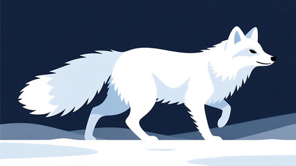 Obraz premium Arctic Fox Walking in Snowy Landscape at Night: Stylized Illustration of a White Fox in Winter Wonderland