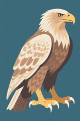 Fototapeta premium Bald eagle, majestic bird of prey standing with powerful talons, detailed feathered wings and intense gaze, wildlife illustration, brown, beige, yellow, teal background