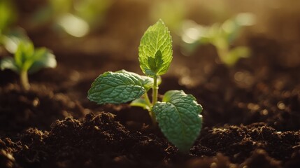 Fresh mint seedlings emerging from soil in sunlight