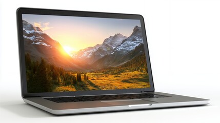 Laptop Displaying Mountain Scenery at Sunset Isolated on White