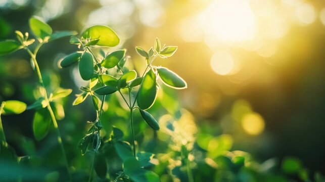 Lush green plants bathed in golden sunlight