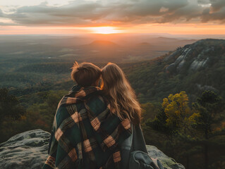 A couple wrapped in a plaid blanket, seated on a cliff at twilight, gazing over a serene forest valley and enjoying the peaceful ambiance of nature and the sunset glow.