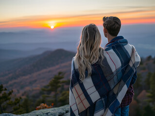A couple wrapped in a cozy blanket, enjoying a stunning mountain sunset view, with the sky painted in vibrant hues, offering a serene and romantic atmosphere of togetherness.