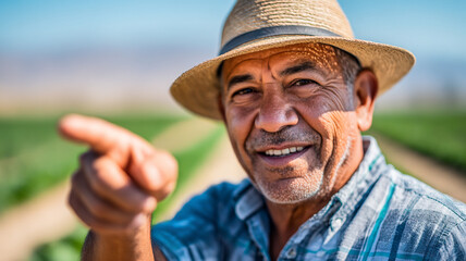 Fototapeta premium AI generation. Working in California: call-to-action style. Hispanic farm worker pointing toward camera with confident smile, fruit baskets around, field in California visible.