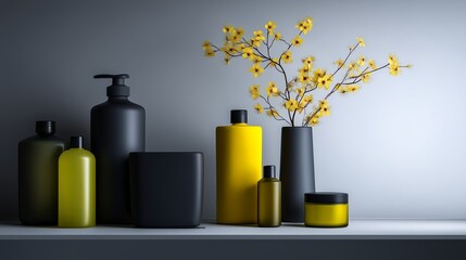 Cosmetic Containers and Yellow Flowers on Shelf in Neutral Setting