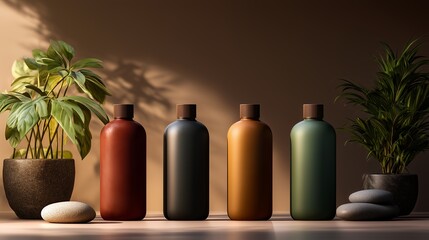 Bottles on Table with Plants, Natural Brown Tone Composition