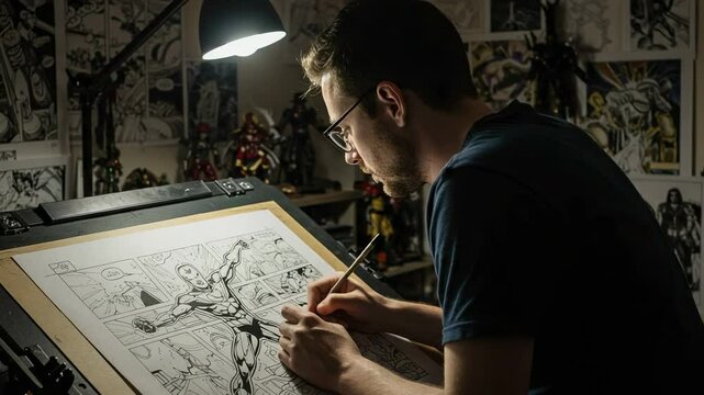 Young male artist with glasses drawing a comic book page. Illustrator at work in a studio, inking a superhero graphic novel with a brush.