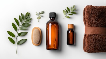 Natural Spa Cosmetic Set with Amber Bottles and Green Leaves Flatlay