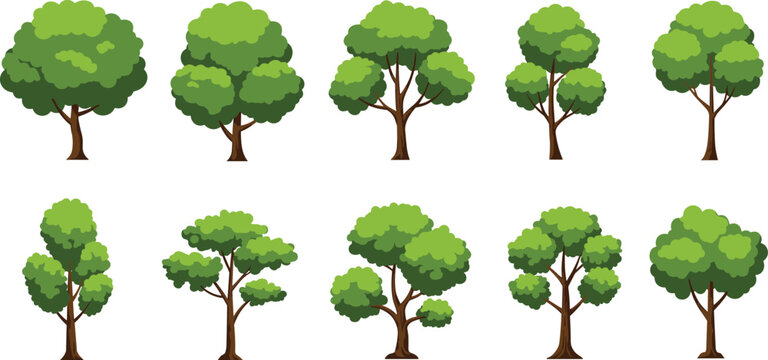 Green cartoon tree collection, vector nature elements, forest tree illustrations, landscape design assets, eco foliage graphics, isolated tree set
Green cartoon tree collection