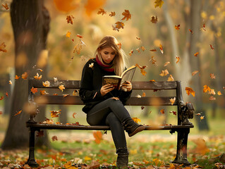 A woman enjoying the autumn ambiance while sitting on a bench, reading a book under a canopy of golden leaves falling in the tranquil atmosphere of a quiet park.