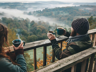 Friends enjoying a warm cup of coffee on a wooden balcony overlooking a misty forest valley, embracing the peaceful beauty of nature in the early morning.